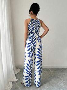 Elenzga petite Bộ jumpsuit nữ thanh lịch, thoải mái, màu be chủ đạo phối họa tiết nâu, chất liệu vải lanh, cổ yếm, đính hạt cườm và thắt nơ ở eo, thích hợp cho mùa xuân/hè. - Màu xanh lam - Xem 2