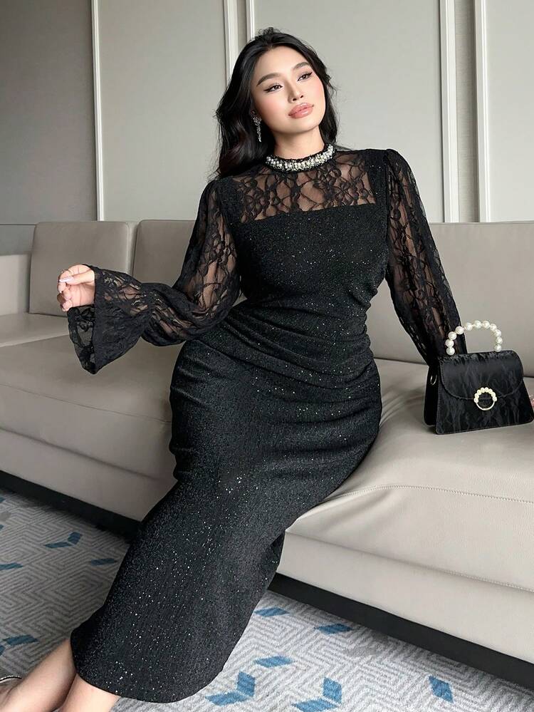 Dazy Plus Plus Size Women's Sexy Black Dress With Contrast Color Lace Embroidery, Rhinestone Decor, Stand Collar, Spring/Summer Sundress