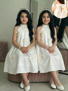 SHEIN Đầm maxi dáng chữ A không tay, thanh lịch cho bé gái tuổi teen, trang trí hoa 3D, điểm nhấn là nơ lớn, màu mơ, thích hợp cho bé gái dự tiệc cưới, dự tiệc, lễ hội. - Màu be - Xem 7