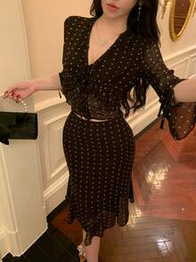 DAZY Spring & Summer Polka Dot Print Flare Sleeve Chiffon Blouse, Black Cropped Tie Front Shirt, Bodycon Skirt, Fishtail Skirt, Two Pieces Set, Casual, Beach, Wedding, Elegant, Slim Fit, Sheer Mesh Patchwork - Brown - View 5