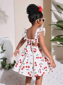 SHEIN Young Girl Cute Cherry Print Vacation Dress - Red - View 5