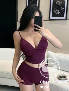 DAZY Women's Summer Sexy Camisole And Shorts Pajama Set With Built-In Bra Padding - Purple - View 3