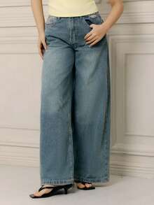 Criza Taa 女式阔腿牛仔裤，带口袋，宽松牛仔裤 - 中等水洗藍 - 查看 6