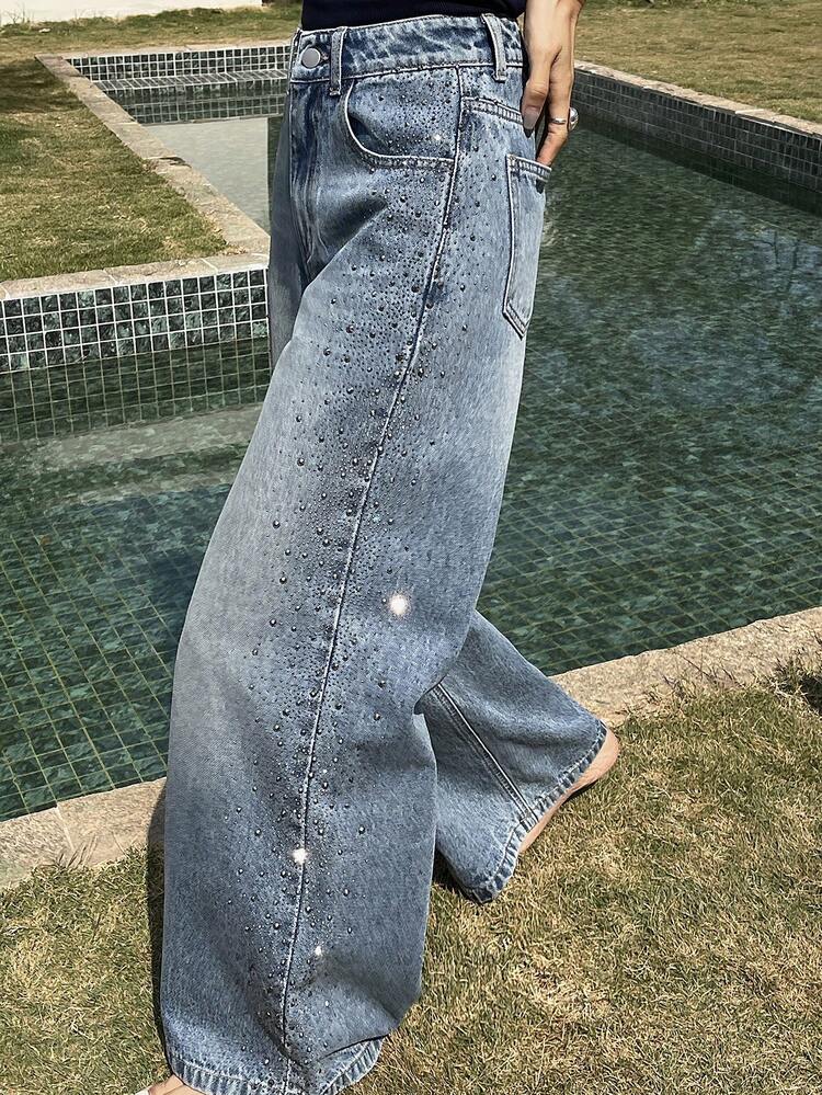 Women's Regular Waist Side Rhinestone Decor Loose Straight Leg Jeans, Casual Street Style