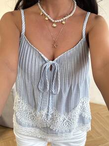 DAZY 女士夏季条纹蕾丝拼接系带休闲度假风吊带衫 - 藍色 - 查看 5