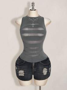SHEIN ICON Plus Size Y2K Sheer Distressed Sexy Camisole Top, Going Out Tops - Dark Grey - View 3