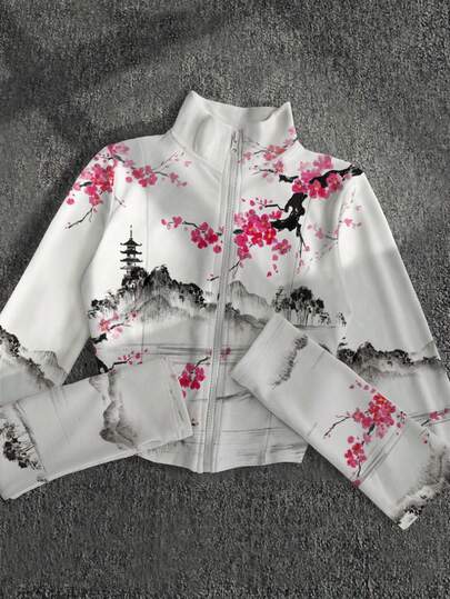 Glimmora Y2K Style Women's Floral Ink Painting Print Fleece Jacket, Fashionable Casual Sports Zipper Outerwear, Slim Fit Long Sleeve, Suitable For Outdoor Travel, Gift