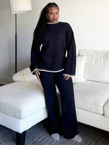 Tyla Gomez Set de 2 piezas de suéter de cuello alto con ribete en contraste y pantalones, informal, para mujer - Blanco y Negro - Ver 5