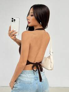 SHEIN PETITE Ladies Solid Color Sleeveless Backless Neck-Hanging Summer Top Halter Top Brown Top ,Petite Women - Coffee Brown - View 8