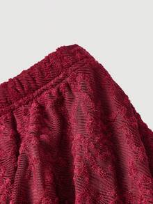 SHEIN MOD 复古皇家花卉提花双层裙摆半身裙，前短后长设计，适合约会、派对、生日、节日穿着 - 酒紅色 - 查看 3