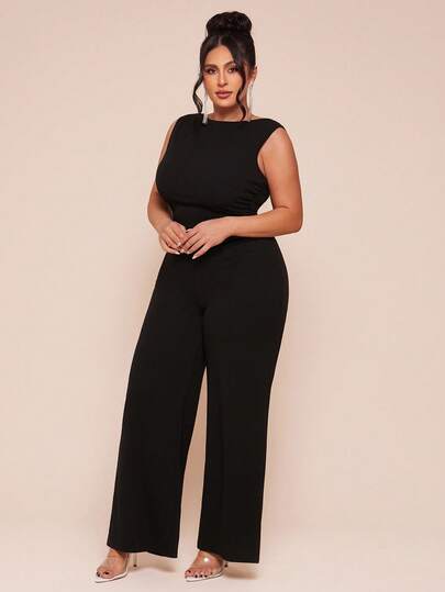 SHEIN BAE Plus Size Black Solid Color Versatile Minimalist Ruched Jumpsuit ,Plus Size Women's Summer Beach Vacation Elegant Solid Black Asymmetrical Collar Jumpsuit, Suitable For Daily Dating, Night Out, Nightclubs, Parties, Get-Togethers, Cocktail Parties, Pool Parties, Office Wear, Commuter Jumpsuits, Holiday Jumpsuits,4th Of July Dress,4th Of July Clothes,Vacation Outfits Woman,Rompers For Women,Western Wear Women,Office Outfits For Women,Women Summer Clothes,Graduation,Western Outfits For Women,Cowgirl Outfits For Women,Rodeo Outfits For Women,