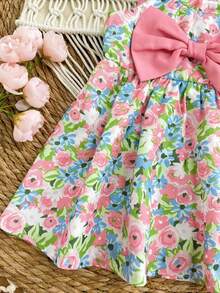 SHEIN 女婴花朵蝴蝶结无袖连衣裙，夏季度假 - 粉色 - 查看 5