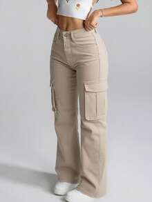 Pantalones de Mezclilla Cargo Negro de cintura alta y bolsillos utilitarios , un estilo versátil de moda para toda ocasión - Beis - Ver 3