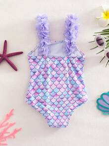 SHEIN Young Girl Gradient Fish Scale Print Halter One-Piece Swimsuit, Beach Vacation Style, Summer - Multicolor - View 3