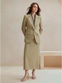 Anewsta Women's Fashion Business Suit Set, Includes Waist-Cinched Blazer And Slit Hem Skirt, Autumn - Green - View 3