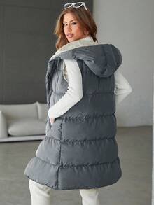 SHEIN Cottnline Women's Solid Color Zipper Design Mid-length Hooded Vest -padded Jacket - Grey - View 6