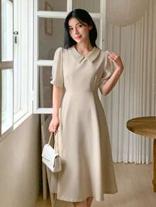 DAZY Women's Collared Fitted Waist Midi Dress, Suitable For Commuting Sundress - Khaki - View 3