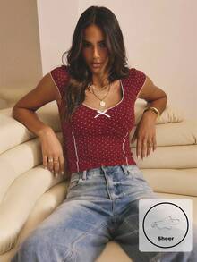 Aralina Winter / Summer Mesh Polka Dot Ruched Front Contrast Trims Cute Going Out Top - Burgundy - View 3