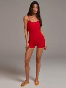 Athîral Women's Casual Red Spaghetti Strap Fitted Sports Romper - Red - View 4