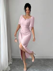 Modelyn Đầm nữ thanh lịch cổ bèo phối màu, khóa kim loại, khóa cài, dáng ôm, thích hợp cho mùa xuân/hè. - Hồng - Xem 7