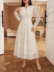 DAZY 优雅蕾丝刺绣纯色连衣裙 - 杏色 - 查看 5