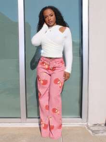 Steph T 女式镂空扭结高领长袖 T 恤，羊毛衬里，秋冬 - 白色 - 查看 5