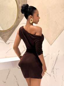 Slaydiva New Casual Vacation Asymmetrical Shoulder Loose Flare Sleeve Waist Tie White Women Short Dress,Birthday Dress.Beach Dress ,Valentine's Day Dress, Dates Dress, Party Dress, Gatherings Dress, Holidays Dress, Concerts Dress, Sexy Clubs, Nightclubs, Everyday Outings, Brunch Outfits, Hot Girl, Vacation Dress.Wedding Guest Outfits,Valentines Day Dress - Brown - View 2