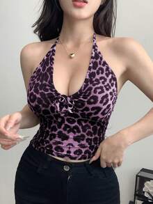 DAZY Leopard Print Backless Bodycon Tank Top For Women Crop Top Halter Top - Purple - View 5