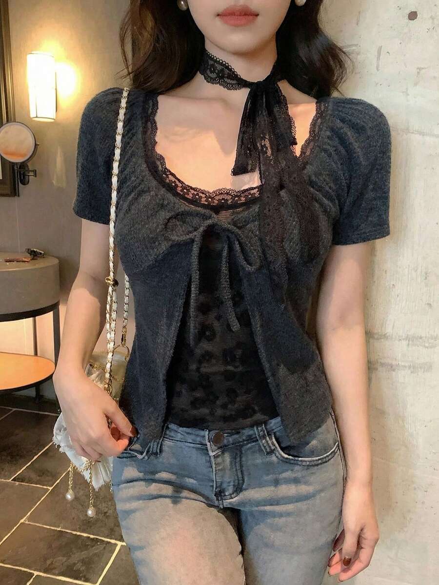 DAZY Camiseta de manga larga con parches de encaje y lazo, para otoño/invierno y verano - Gris - Ver 1