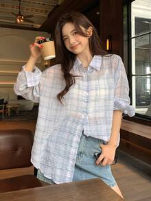DAZY Women's Plaid Collar Long Sleeve Shirt, Korean Style, Spring/Summer - Baby Blue - View 6