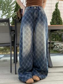 DAZY 女士菱形图案腰带环休闲直筒宽松百搭牛仔裤 - 藍色 - 查看 6