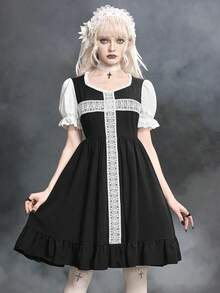 ROMWE Gothic Lolita Puff Sleeve Cross Lace Loose A-Line Dress - Black - View 6