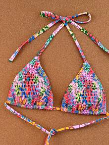 Swim Mod 2026 Spring/Summer Spaghetti Strap Purple & Blue Ditsy Floral Halter Neck Side High Cut Bikini Swimsuit 2-Piece Set, Sweet Vacation Style - Multicolor - View 4