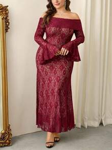 Firerie Plus Size Elegant Wedding Nude Contrast Lining Off Shoulder Lace Dress,Women's Autumn Casual Vacation Party High-Low Hem Ruffle Sleeve Long Dress - Burgundy - View 6