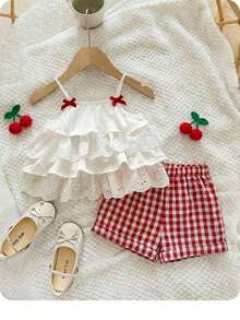 Babygirl Summer Cute Vacation Ruffle Camisole Top And Plaid Shorts Set - Multicolor - View 9