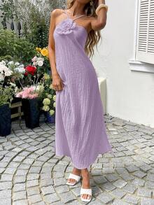 Sylviya 女士休闲3D立体花卉吊带开衩连衣裙，度假风 - 淡紫色 - 查看 6