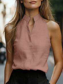 Balvessa Women's Sleeveless Mandarin Collar Linen-Like Tank Top, Versatile And Slimming For Commuting - Dusty Pink - View 3