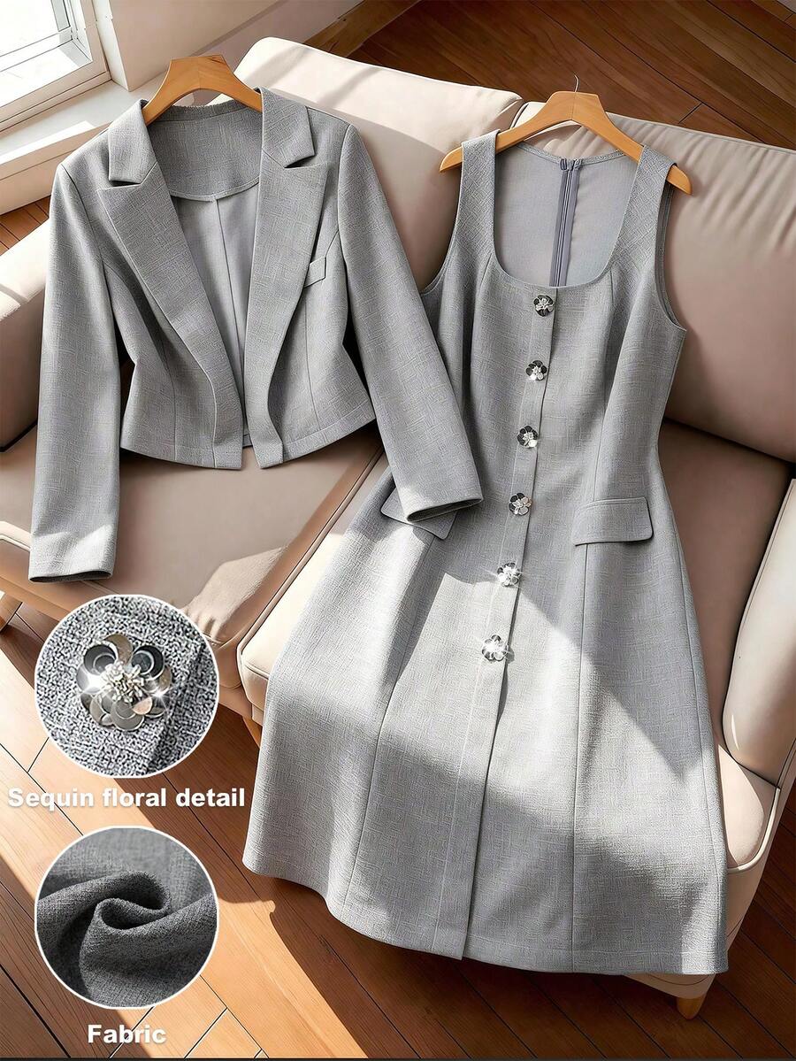 GlowEve CURVE Bộ đồ 2 mảnh cỡ lớn dành cho nữ: Váy ngắn dáng chữ A không tay cổ vuông, eo ôm, đính sequin hoa 3D thanh lịch và áo khoác tay ngắn cổ ve, phù hợp cho các buổi tiệc sang trọng và đi làm. Bộ vest nữ, áo blazer và chân váy. - Xám - Xem 1