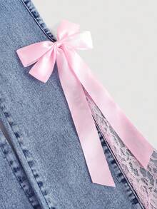 Girlism 少女粉色丝带蝴蝶结蕾丝蓝色牛仔弹力修身喇叭裤 - 中等水洗藍 - 查看 6