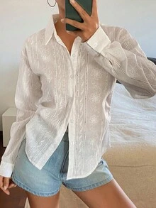 DAZY 女款純色修身腰長袖休閒復古優雅夏季襯衫校園風 - 白色 - 查看 3