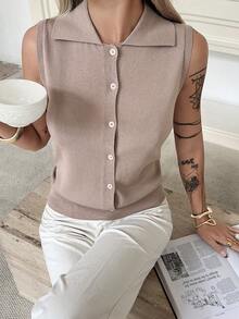 DAZY Damen Einfarbiges figurbetontes Ärmelloses Lässig Urlaubs Strick Top mit Kragen für Frühling/Sommer - Khaki - Übersicht 4
