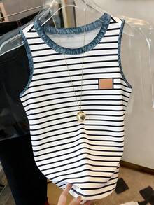 SHEIN 女士休闲度假通勤撞色条纹印花圆领背心，夏季 - 彩色 - 查看 3