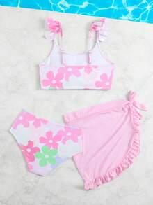 SHEIN Tween Girls' 3 Pieces Bikini Set With Sarong Skirt,Pink Flower Printed Cute Summer Swimwear,Beach Holiday Quick Drying Mesh Ruffle Edge Bathing Suit - Baby Pink - View 3