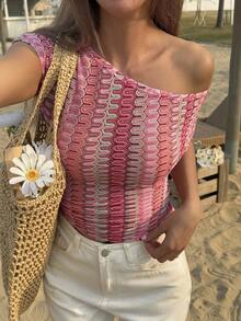 Livesso Women's Casual Asymmetric Collar Striped Blouse, Summer - Pink - View 2