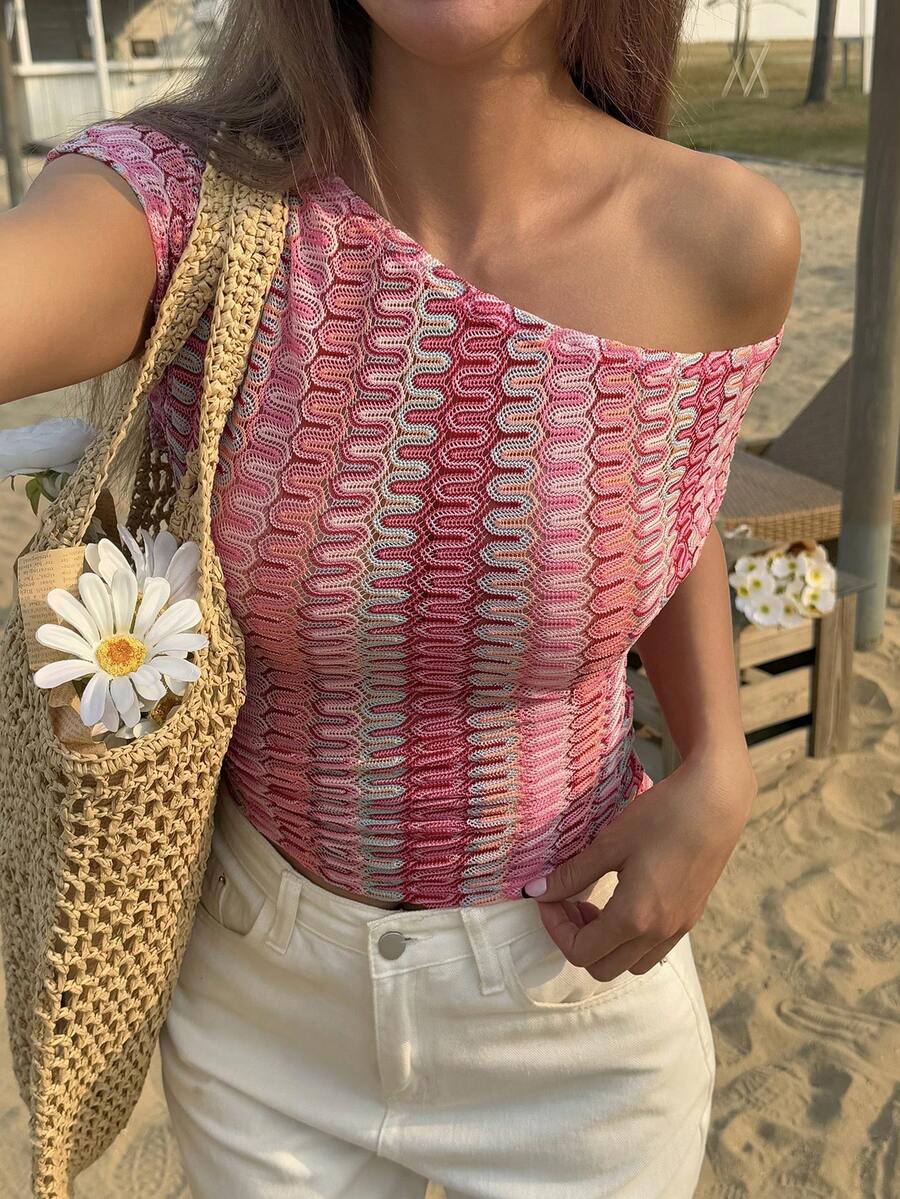 Livesso 女士休闲不对称领条纹衬衫，夏季 - 粉色 - 查看 1