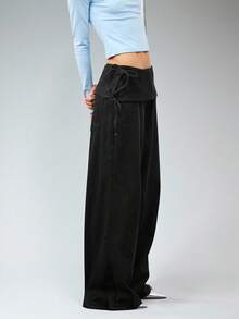 COUREZ Quần jeans ống rộng thắt nơ ở eo / Quần jeans cạp thấp phong cách Y2K, trang phục mùa thu cho nữ, trang phục đi chơi, quần jeans cạp thấp. - màu đen - Xem 4