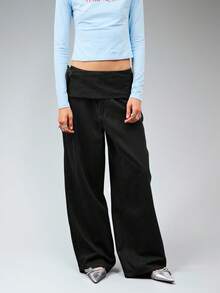 COUREZ Quần jeans ống rộng thắt nơ ở eo / Quần jeans cạp thấp phong cách Y2K, trang phục mùa thu cho nữ, trang phục đi chơi, quần jeans cạp thấp. - màu đen - Xem 5