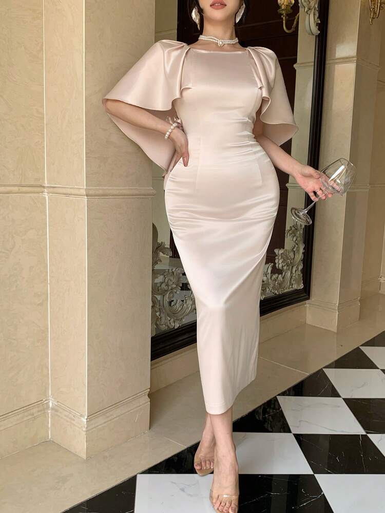 Women's Elegant Long Satin Dress With Round Neck And Dolman Sleeves Sundress