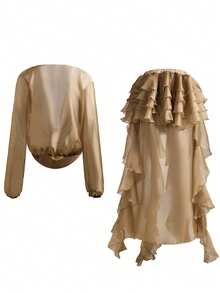 Swim Chiccia 女士新款长袖深V领上衣和荷叶边设计半裙性感两件套 - 杏色 - 查看 4