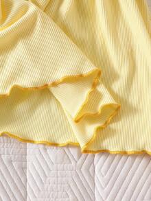 SHEIN 秋季新款女婴优雅甜美可爱简约休闲风蝴蝶结撞色娃娃领白色长袖连衣裙，袖口饰有蝴蝶结，下摆饰有荷叶边 - 黃色 - 查看 6